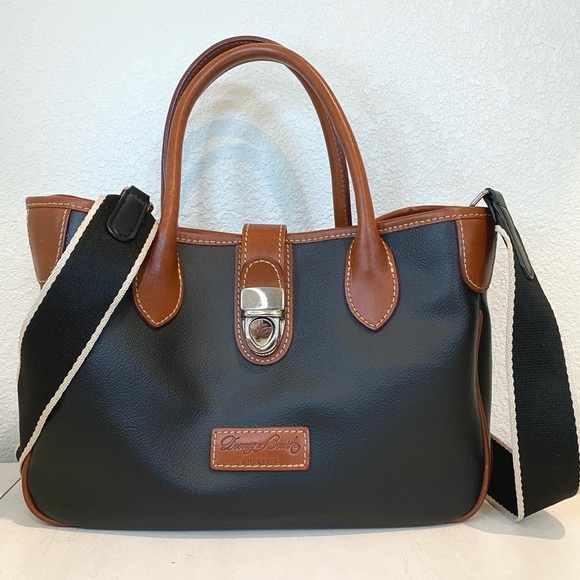 Dooney & Bourke Black and Tan Structured Tote Satchel with Crossbody Strap - Picture 2 of 14